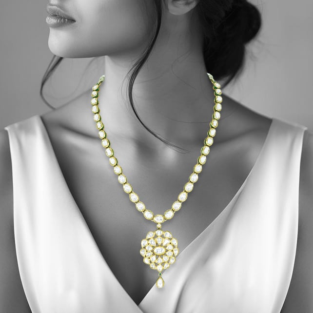 Linear Polki Necklace with Floral Pendant